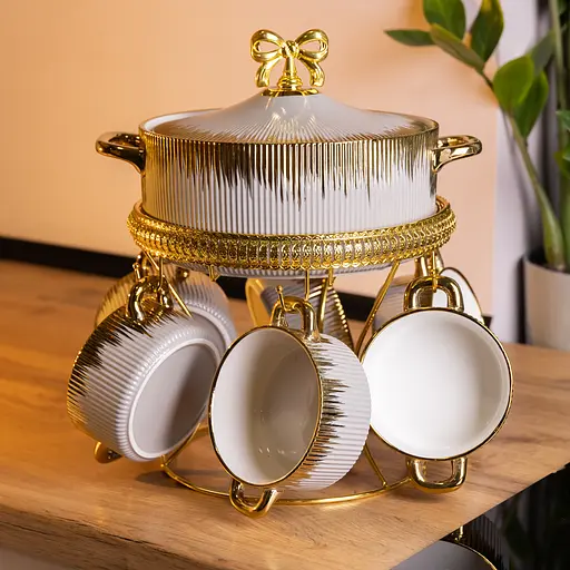 Суповой набор Yiwu из фарфора на металлической подставке серый FM-A23-6 - фото 4