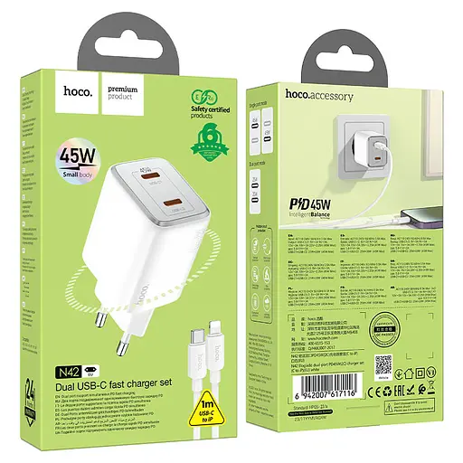 Мережевий зарядний пристрій з кабелем Hoco N42 Elogiado dual-port PD45W(2C) charger set(C to iP) білий - фото 2