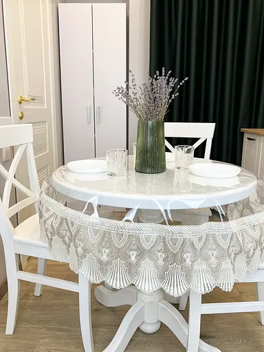 Силиконовая скатерть с бело-кофейным кружевом Ришелье 15см 330х190 см - фото 4