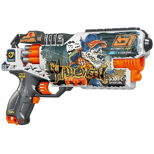 Игрушечный детский пистолет автомат. барабан на батарейках с мягкой. патронами Хэллоуин (24 шт.) (34х21см) - фото 1