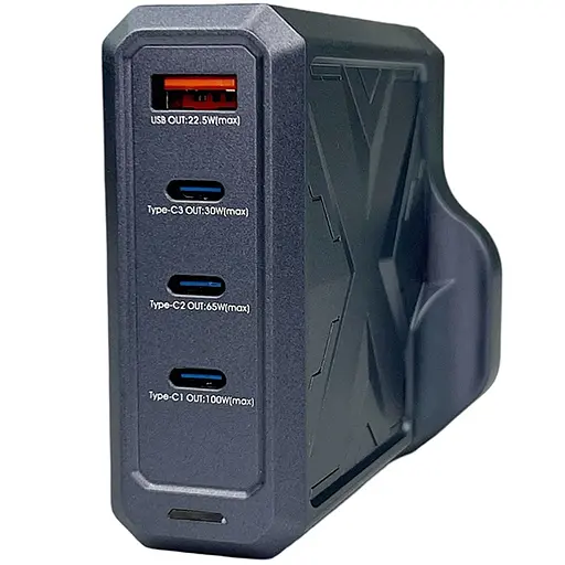 Зарядный адаптер Remax Mecha Warrior 1A+3C RP-U107 быстрая зарядка GaN 120W 3xType-C + 1xUSB-A Черный - фото 5