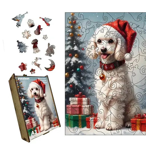 Пазл дерев'яний Пудель Санти, А4, Дерев'яна коробка 100 елементів