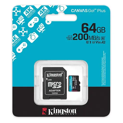Карта памяти microSDXC (UHS-1 U3) Kingston Canvas Go! Plus 64Gb 10 A2 V30 (R200MB/s) (adapter SD) - фото 2