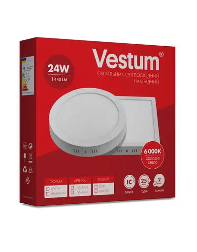 Круглий світлодіодний світильник Vestum накладний 24W 6000K 220V 1-VS-5304 - фото 3