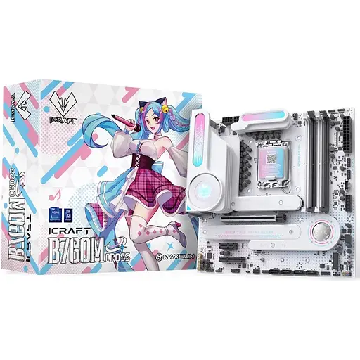 Материнская плата Maxsun LGA1700, iCraft B760M CROSS, B760, 4xDDR5, Int.Video(CPU), 4xSATA3, 1xPCI-E 16x 5.0, 1xPCI-E 4x 3.0, 1xPCI-E 1x, 3xM.2 4.0, RTL8125B, 4xUSB3.2/4xUSB2.0, 1xUSB TypeC 3.2, DP/HDMI, WiFi 6E+BT5.3, 14phase, ARGB,MicroATX(MS-iCraft B760M CROSS - фото 2