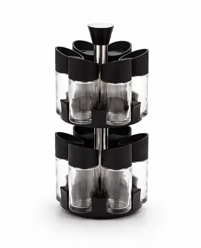 Набор из 12 стеклянных баночек для специй и приправ на вращающейся подставке 360 градусов, дозатор 3 режима Черный 88203 - фото 1