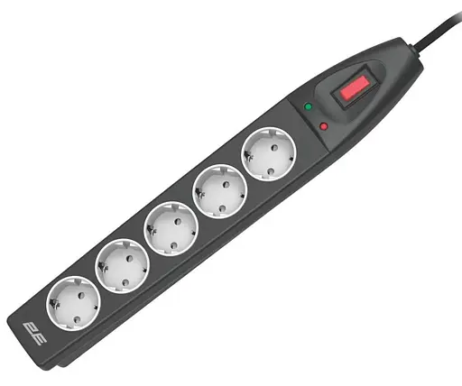 Удлинитель-фильтр сетевой 2E 5xТип F, 3x1,5 мм кв, 16 А, с защитой от перенапряжения, 10 м, черный - фото 1