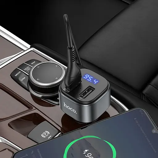 Автомобільний зарядний пристрій Hoco E67 2 USB QC 18W з FM-модулятором сріблясто-чорне - фото 2