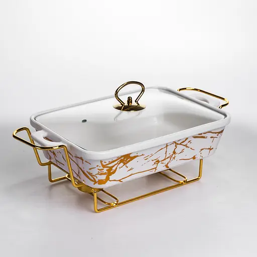 Мармітниця порцелянова Yiwu прямокутна на металевій підставці 35.5х19х15.5 см марміт настільний для перших страв LT-3PCS-13 - фото 5