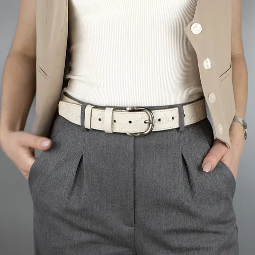 Ремень кожаный женский молочный батальный SF-3531 (145 см) с цветами - фото 2