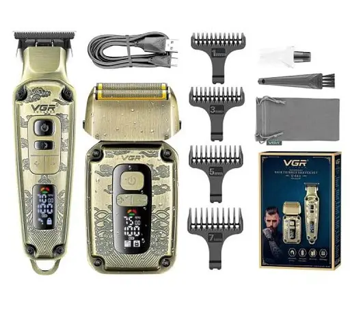 Чоловічий набір VGR V-641 IPX6 LCD машинка для стрижки + бритва шейвер + дорожня сумка (4 насадки)