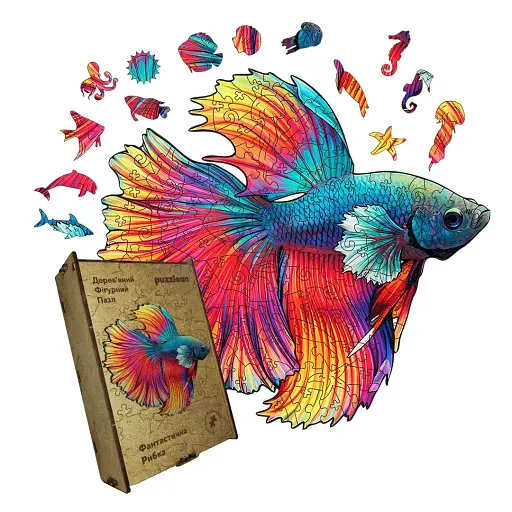 Дерев'яний фігурний пазл Фантастична Рибка, А5, Дерев'яна коробка 35 елементів
