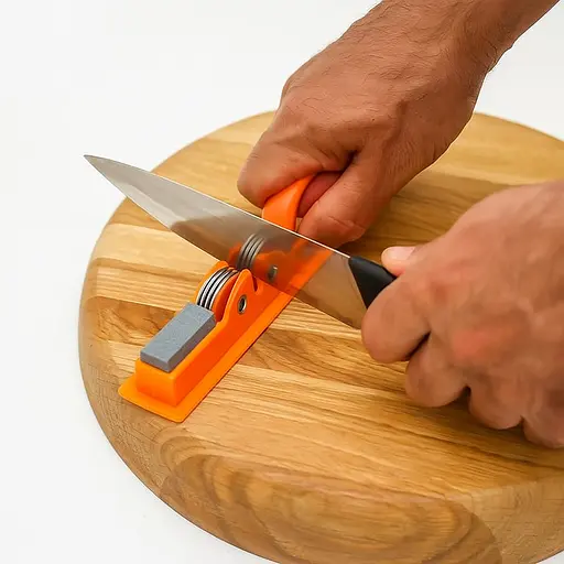 Стругачка для кухонних ножів ручна механічна пластикова зі стругачним каменем Оранжевий, Kitchen Master Помаранчевий 86764 - фото 2