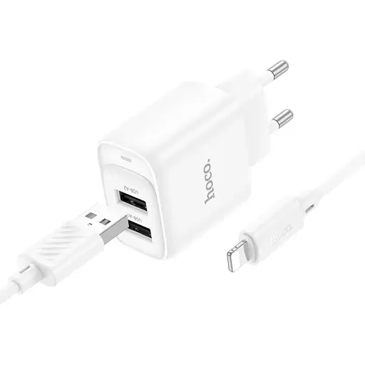 Сетевое зарядное устройство с кабелем Hoco C141A Smart dual-port charger set(iP) белый - фото 1