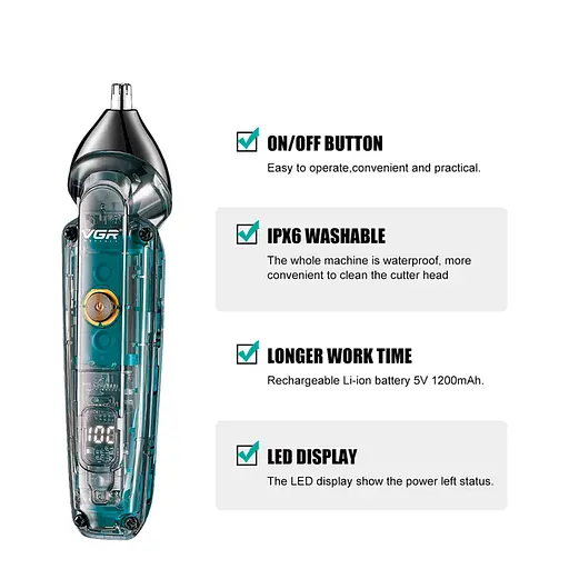 Триммер аккумуляторный VGR V-949 для бороды и носа IPX6 LCD (5 насадок) - фото 5