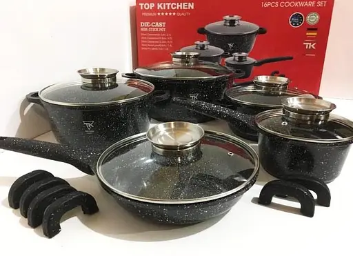 Набор кастрюль со сковородой и сотейником Top Kitchen TK-00020 с гранитным покрытием 12 предметов Черный - фото 4