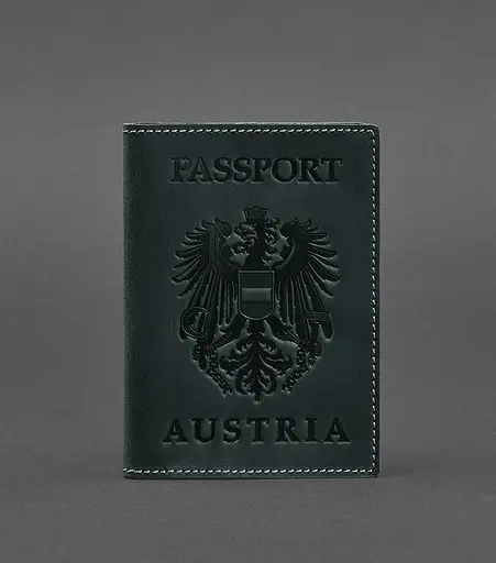 Кожаная обложка для паспорта с австрийским гербом зеленая Crazy Horse - фото 1