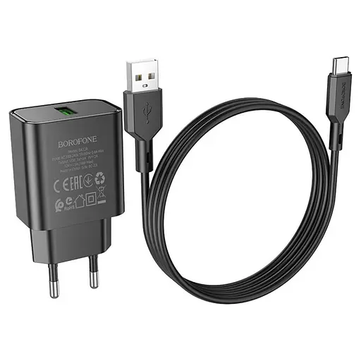 МЗП Borofone BA72A Spring QC3.0 (1USB-A) + кабель USB to Type-C Black - фото 3
