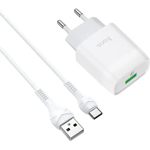 Зарядний пристрій Hoco C72Q USB QC + кабель USB to Type-C білий - фото 1