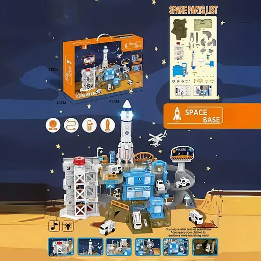 Трек ZX 066 A Космічна станція світло, озвучування англійською мовою, ракета, 4 моделі транспорту, 2 механічні ліфти - фото 2