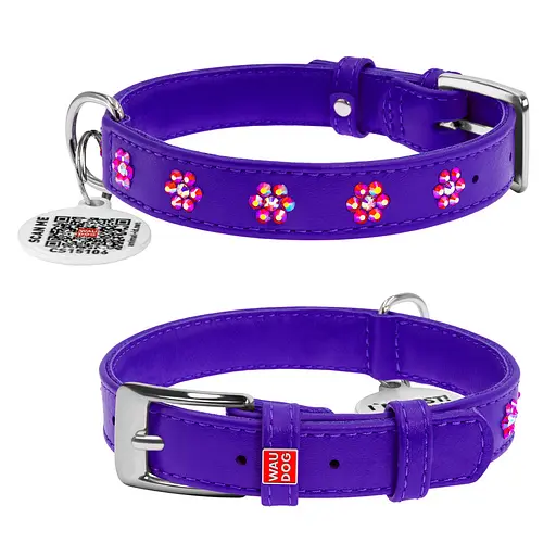 Нашийник для собак шкіряний Waudog Glamour з QR-паспортом з клейовими стразами "Квіти" Ш 15 мм Д 27-36 см фіолетовий