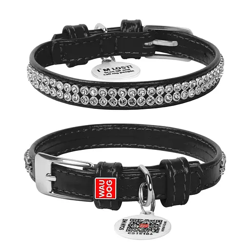 Ошейник для собак кожаный Waudog Glamour с QR-паспортом с украшением "Полотно стразы" XXS Ш 9 мм Д 18-21 см черный
