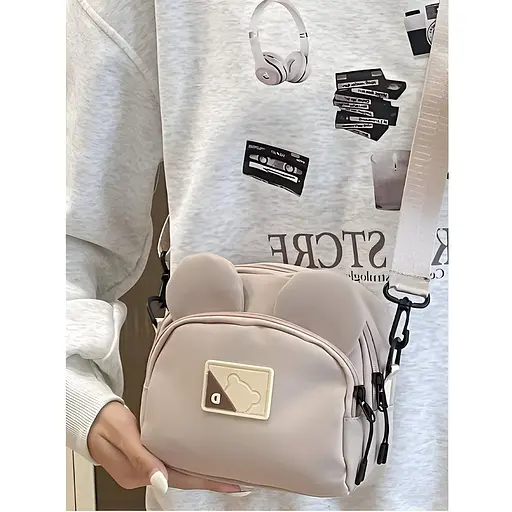 Детская сумка кросс-боди с ушками в корейском стиле 19х16х7 см бежевая (25-571) - фото 2