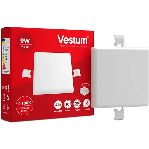 Квадратный светодиодный светильник Vestum врезной без рамки 9W 4100K 1-VS-5602