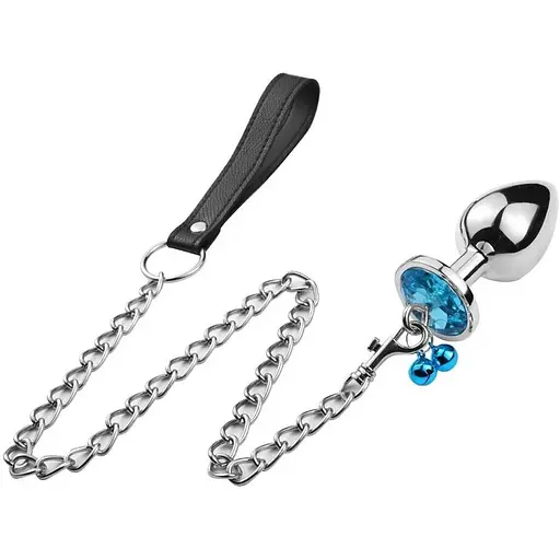 Анальна пробка SKN-BELL 21 з кристалом, дзвіночком та поводком Silver Blue (розмір M), Срібний / Голубой