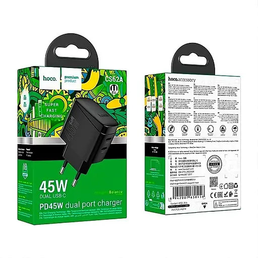 Сетевое зарядное устройство Hoco CS62A PD45W 2 x Type-C GaN Black - фото 2