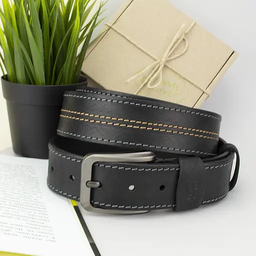 Ремень мужской кожаный черный SF-4001 (125 см) винтажный со строчкой - фото 1