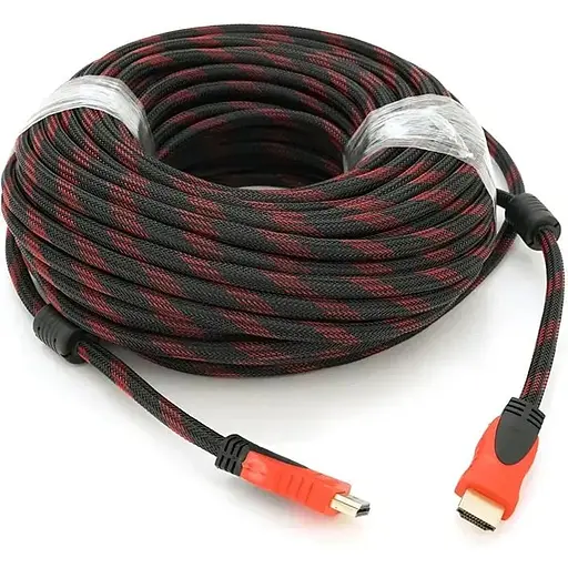 Кабель Merlion HDMI-HDMI 30m, v1.4, OD-7.4mm, 2 фильтра, оплетка, круглый Black/RED, коннектор RED/Black, (Пакет) Q20