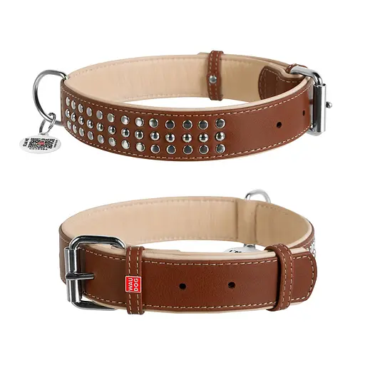 Ошейник для собак кожаный Waudog Soft с QR-паспортом металлические украшения Ш 35 мм Д 57-71 см коричневый