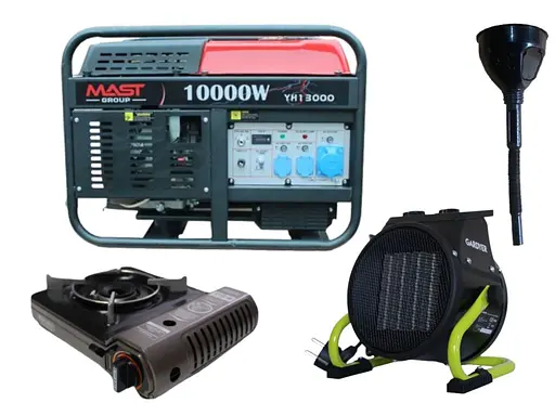 Бензиновий генератор MAST GROUP + газова плитка Orcamp CK-505 + електричний обігрівач Gardyer HE2000 та лійка (KYH13000) - фото 1