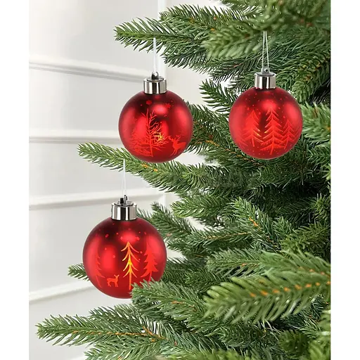 Елочный шарик Chomik стеклянный с LED подсветкой 8 см красный с оленями (BOZ4242) - фото 2