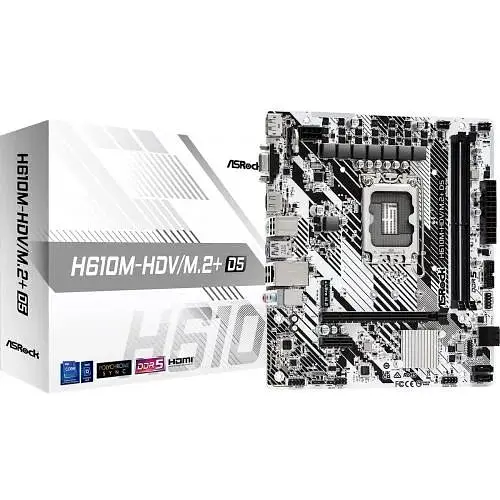 Материнская плата ASRock LGA1700, H610M-HDV/M.2+ D5, H610, 2xDDR5, Int.Video(CPU), 4xSATA3, 1xM.2, 1xPCI-E 4.0 x16, 1xPCI-E 3.0 x1, ALC897, RTL8111H, 4xUSB3.2/6xUSB2.0, VGA/HDMI/DP, MicroATX - фото 2