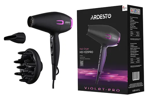 Фен Ardesto Violet PRO HD-Y221PRO ,1750-2100Вт, 2 швидкості, 3температурні режими, дифузор, чорний - фото 7