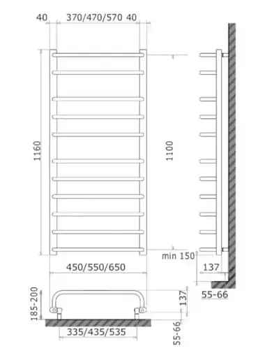 Електрична рушникосушка Heizung 1160x550 ліва з терморегулятором - фото 2