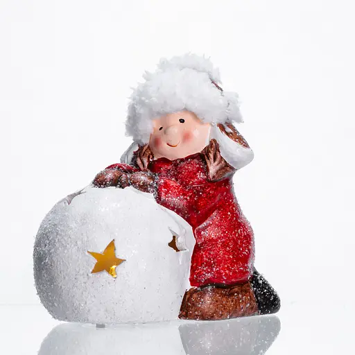 Новорічна фігурка з підсвіткою Дівчинка зі сніговою кулею з фарфори 12×7×12 см Червоний Yiwu CR-5-11