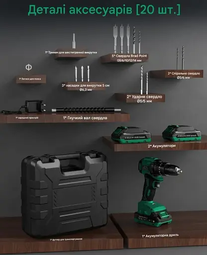 Акумуляторний дриль-шурупокрут Emisse 21V, безщітковий, з 2 акумуляторами 2.0Ah, 45 Н·м, 20+3 рівні крутного моменту, 14 аксесуари - фото 3