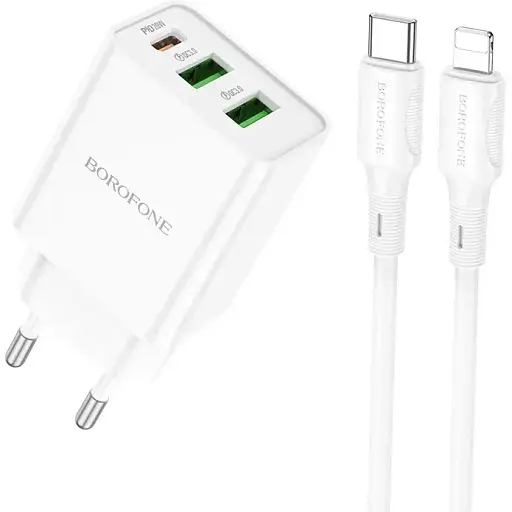 Мережевий зарядний пристрій з кабелем Borofone BA70A Quick three-port PD20W(1C2A) charger set(C to iP) білий - фото 1