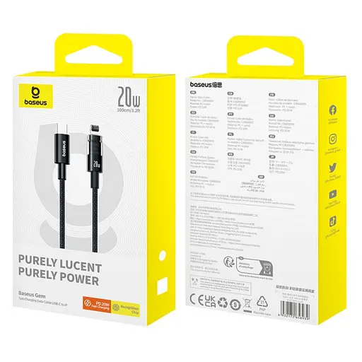 Дата кабель Baseus Gem Fast Charging Type-C to Lightning 20W (1m) (P10373001) Cluster Black - фото 5