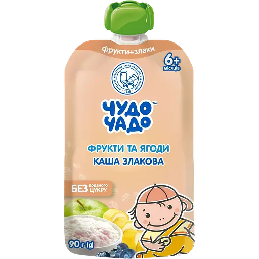 Набор пюре Чудо-чадо: Фруктово-ягодное со злаковой кашей + Яблоко и банан без сахара + Персик без сахара 540 г (6 шт х 90 г) - фото 2