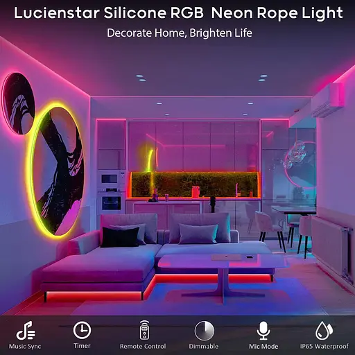 Світлодіодна стрічка Lucienstar Led Neon Rope Lights - 5M Flexible Led Neon Rope Lights Control з пультом дистанційного керування - фото 4