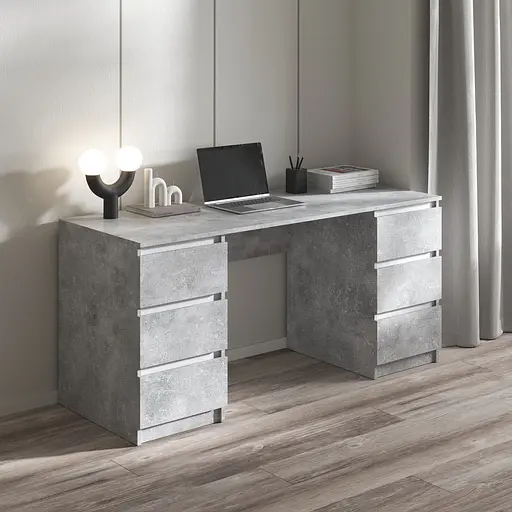 Компьютерный стол Vays R-2 Бетон-Белые планки, письменный с 2 тумбами, 6 ящиков без ручек, ЛДСП 160×60×75 см - для дома, офиса, учебы