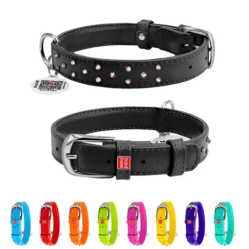 Ошейник для собак кожаный Waudog Glamour с QR-паспортом с клеевыми стразами Ш 20 мм Д 30-39 см черный - фото 2