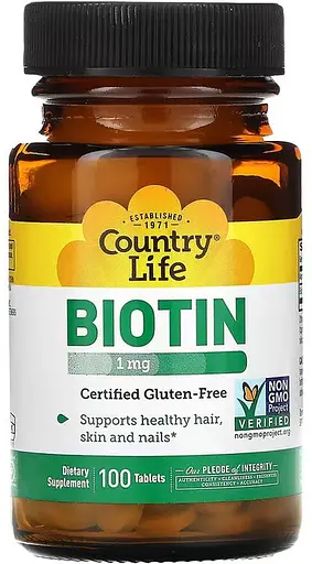 Витамины и минералы Country Life Biotin 1 mg, 100 таблеток