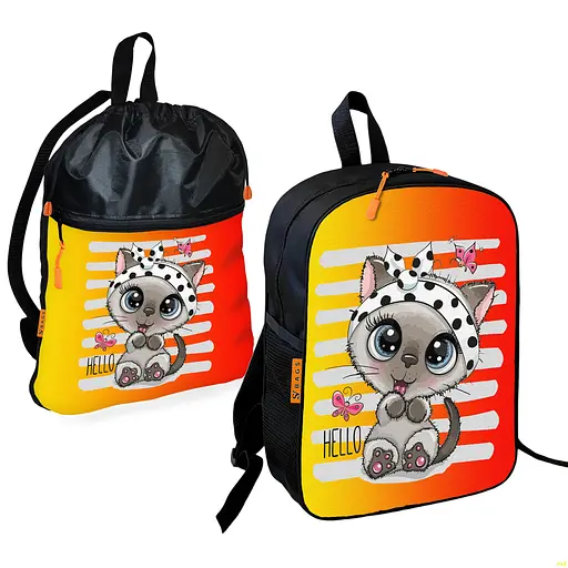 Школьный рюкзак детский с котенком + Сумка для обуви спортивной формы рюкзак-мешок для мальчика (01706)