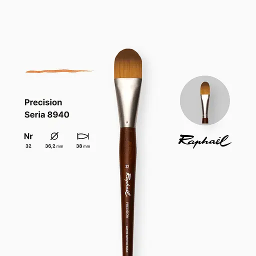 Кисть синтетика овальная Raphael Precision, №32, для акрила и масла, длинная ручка - фото 2