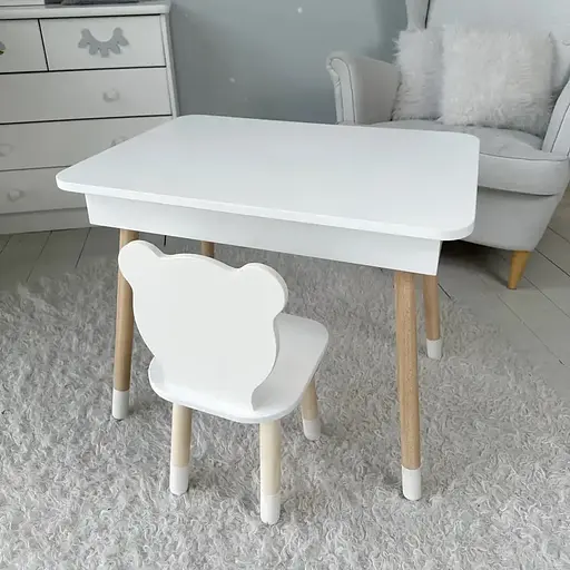 Дитячий столик з ящиком для олівців + стільчик Ведмедик (Білий)